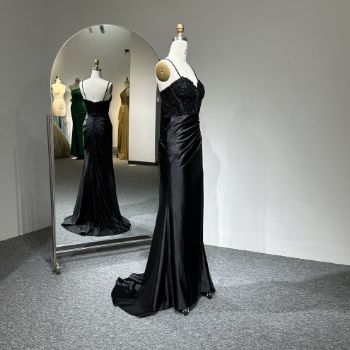 Picture of Sweep Train Spaghetti Straps Sweetheart Neck High Slit Pleated Shiny Satin Prom Dress