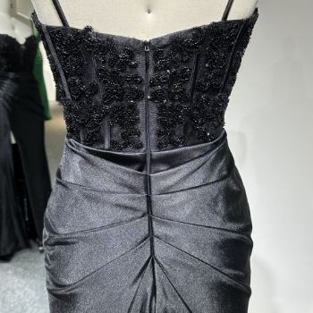 Picture of Sweep Train Spaghetti Straps Sweetheart Neck High Slit Pleated Shiny Satin Prom Dress
