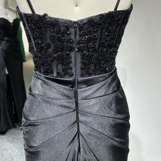 Picture of Sweep Train Spaghetti Straps Sweetheart Neck High Slit Pleated Shiny Satin Prom Dress