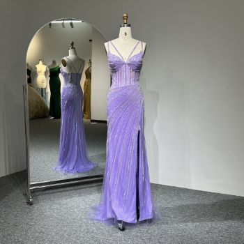 The front view of this dress - ​​this double-strap, high-slit evening gown in cool-toned lilac