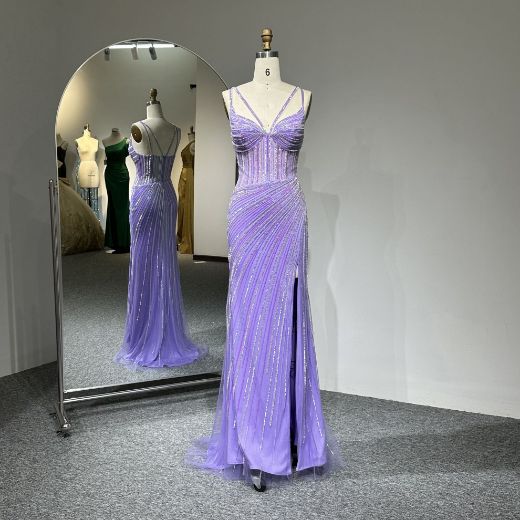 The front view of this dress - ​​this double-strap, high-slit evening gown in cool-toned lilac