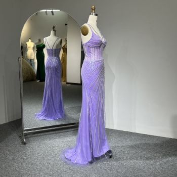 ​​The side view of this dress / gown - ​​this double-strap, high-slit evening gown in cool-toned lilac
