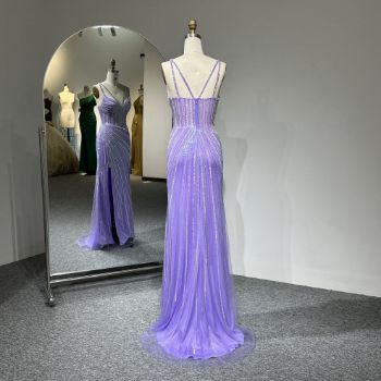 The back view of this dress - ​​this double-strap, high-slit evening gown in cool-toned lilac