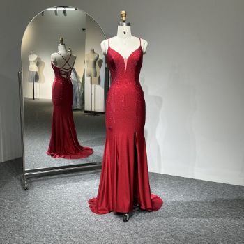 Front detail of this red mermaid gown