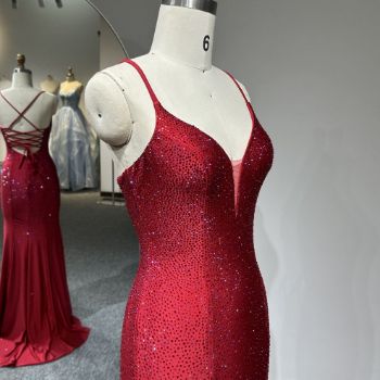 Picture of Mermaid Train Spaghetti Straps V Neck Crisscross Back Rhinestone Decoration Satin Party Dress