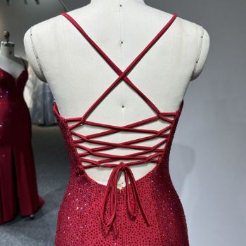 Picture of Mermaid Train Spaghetti Straps V Neck Crisscross Back Rhinestone Decoration Satin Party Dress