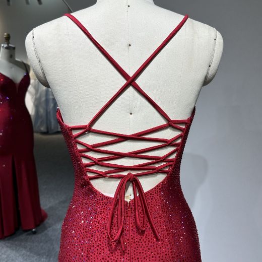 Picture of Mermaid Train Spaghetti Straps V Neck Crisscross Back Rhinestone Decoration Satin Party Dress