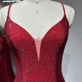 Picture of Mermaid Train Spaghetti Straps V Neck Crisscross Back Rhinestone Decoration Satin Party Dress