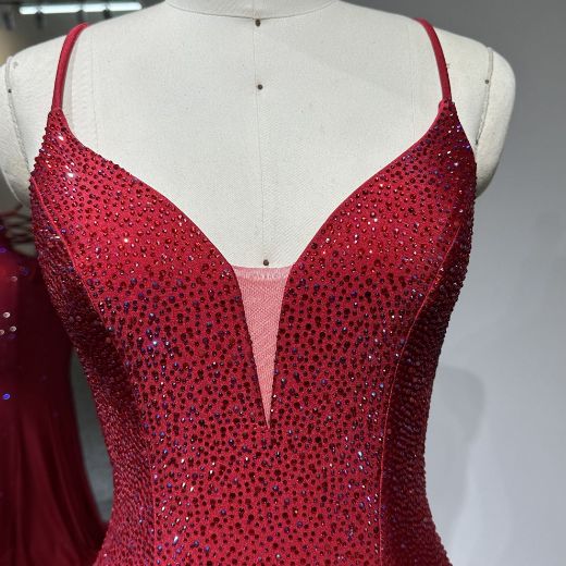 Picture of Mermaid Train Spaghetti Straps V Neck Crisscross Back Rhinestone Decoration Satin Party Dress